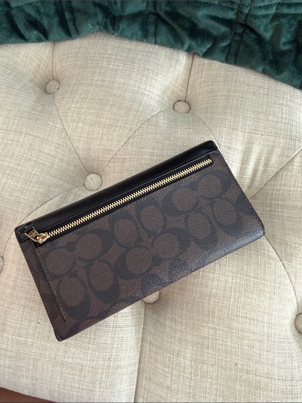 Coach Black Leather & Brown Signature Continental Wallet with Gold Logo - Picture 3 of 3